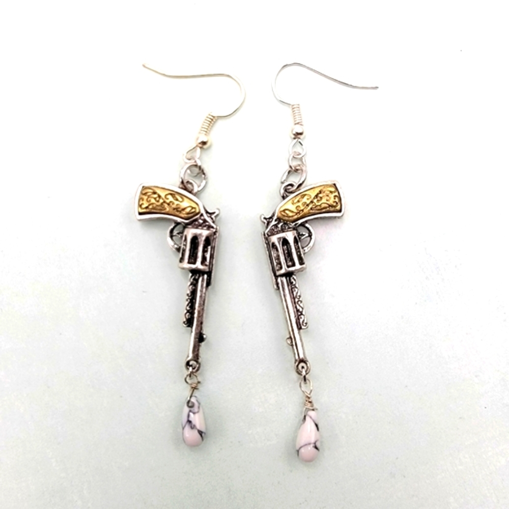 Pistol Dangle Earrings Shooter Revolver